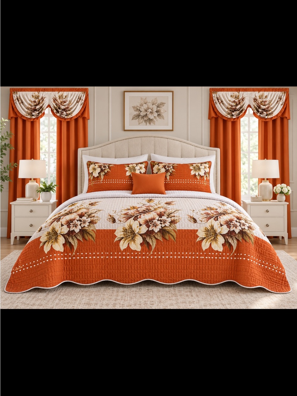 Rust Floral Quilted Bedspread with Cream and Brown Blooms 1bedspread 90/90,2pilo